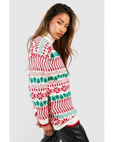 Boohoo Vintage Fairisle Soft Knit Roll Neck Christmas Sweater Dress - Red