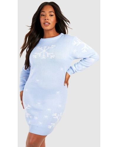 Boohoo Plus Snowflake Christmas Sweater Dress - Blue