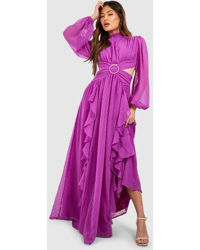 Boohoo Dobby High Neck Ruffle Maxi Dress - Purple