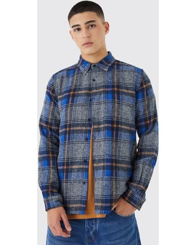 BoohooMAN Longsleeve Check Flannel Overshirt - Blue