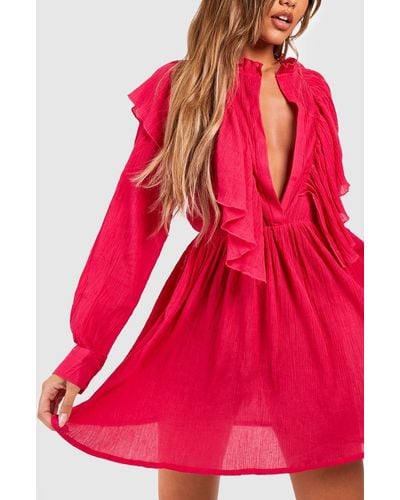 Boohoo Cheesecloth Ruffle Plunge Beach Shirt Dress - Red