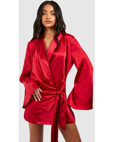 Boohoo Satin Wrap Shirt Dress - Red