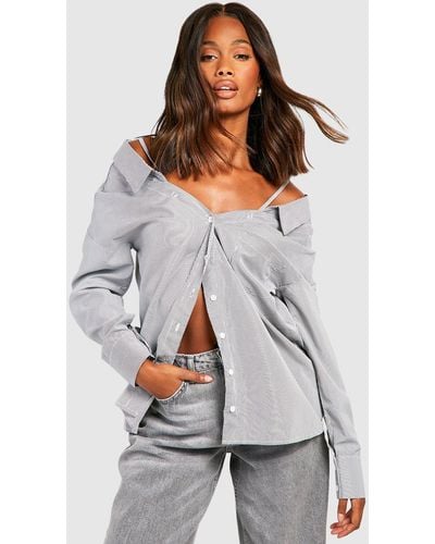 Boohoo Off The Shoulder Oversized Shirt - Gray