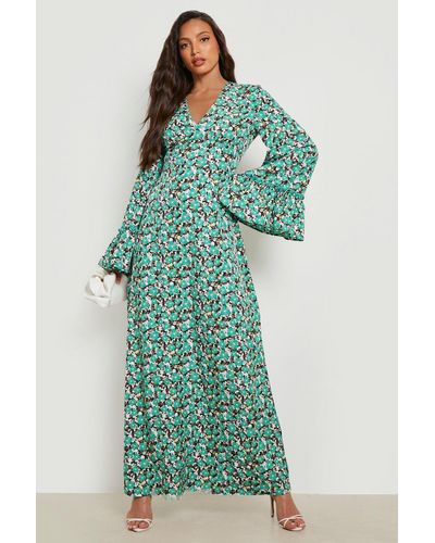 Boohoo Tall Floral Print Flare Sleeve Maxi Dress - Green