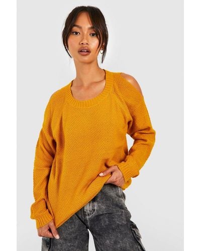 Boohoo Cold Shoulder Moss Stitch Sweater - Yellow