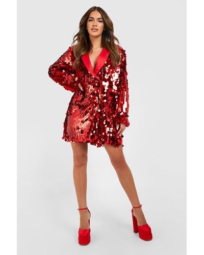 Boohoo Sequin Disc Oversized Blazer Party Dress - Red