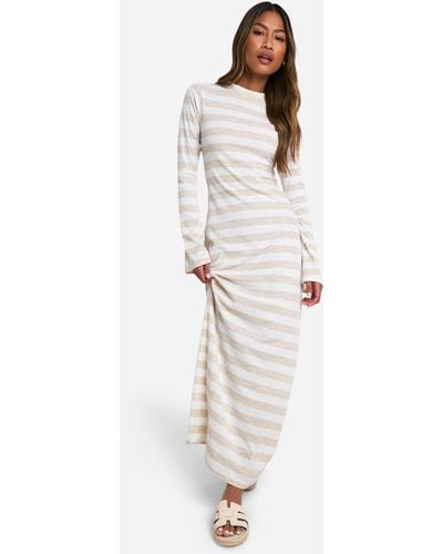 Boohoo Stripe Rib Flared Sleeve Maxi Dress - White
