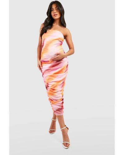 Boohoo Maternity Bandeau Ruched Tie Dye Midaxi Dress - Red