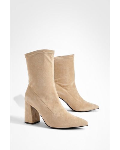 Boohoo Block Heel Faux Suede Pointed Sock Boots - Natural