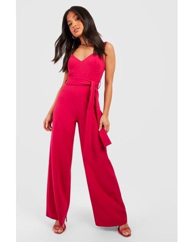 Boohoo Petite Corset Belted Wide Leg Jumpsuit - Red