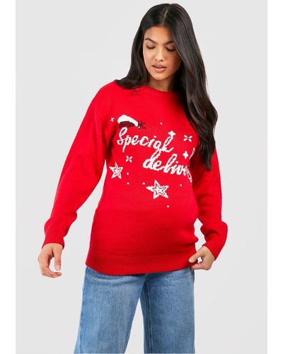 Boohoo Maternity Special Delivery Christmas Sweater - Red