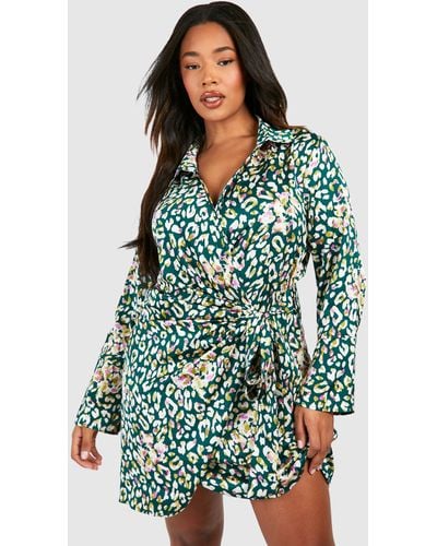 Boohoo Plus Satin Leopard Print Drape Wrap Shirt Dress - Green