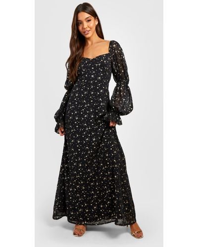 Boohoo Star Print Chiffon Milkmaid Maxi Dress - Black