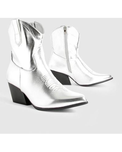 Boohoo Metallic Ankle Western Cowboy Boots - White