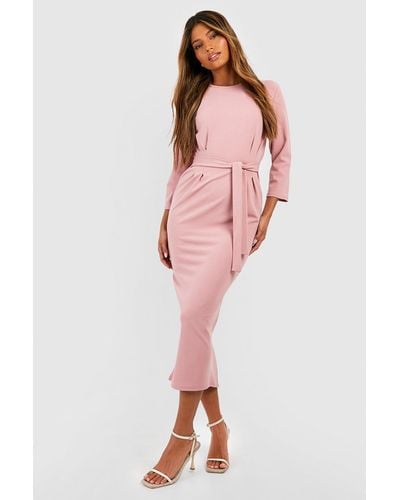 Boohoo Crepe Pleat Front 3/4 Sleeve Belted Midaxi Dress - Pink