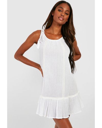 Boohoo Cheesecloth Tassel Swing Beach Dress - White