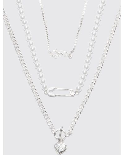 BoohooMAN Pearl Multi Layer Charm Chain Necklace - White