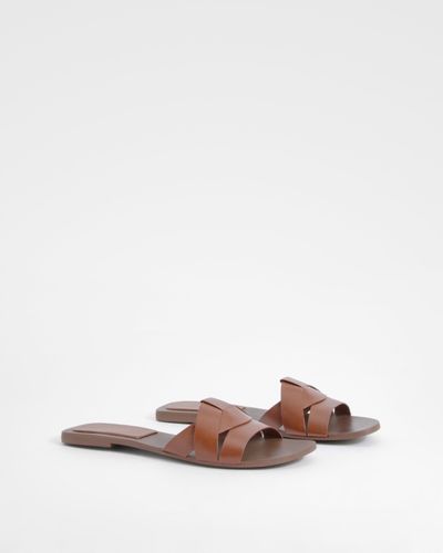 Boohoo Woven Leather Mule Sandals - Brown