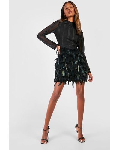Boohoo High Neck Feather Skirt Mini Party Dress - Black