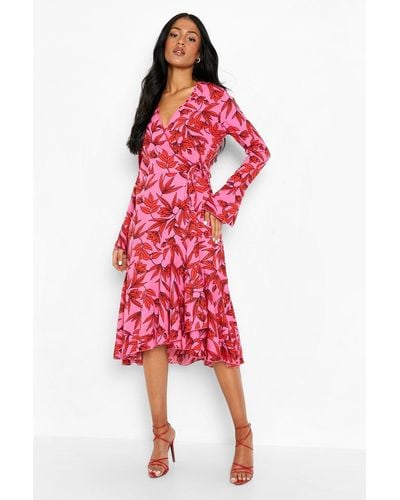 Boohoo Tall Contrast Floral Print Wrap Midi Dress - Red