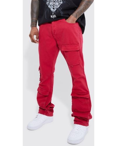 BoohooMAN Fixed Waist Skinny Stacked Cargo Trouser - Red
