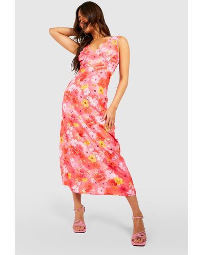 Boohoo Floral Plunge Midaxi Dress - Red