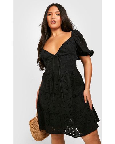 Boohoo Plus Broderie Anglaise Puff Sleeve Tiered Skater Dress - Black