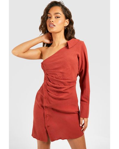Boohoo Linen Asymmetric Rouched Shirt Dress - Red