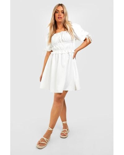 Boohoo Plus Puff Sleeve Ruched Detail Skater Dress - White