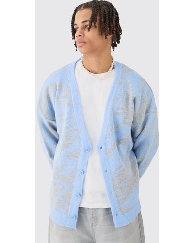 BoohooMAN Boxy Oversized Brushed Abstract All Over Jacquard Cardigan - Blue