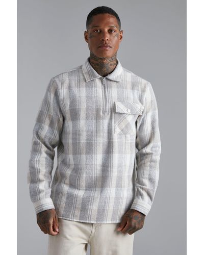 BoohooMAN Half Zip Brushed Flannel Overshirt - Gray