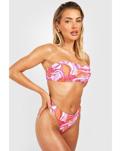 Boohoo Pink Abstract Bandeau Bikini Set - Orange