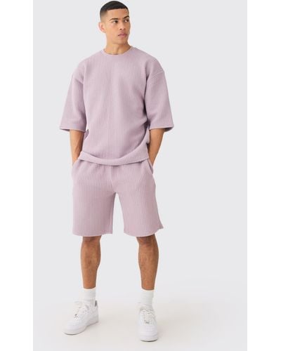 BoohooMAN Oversized Quilted Herringbone T-shirt And Short Set - Pink