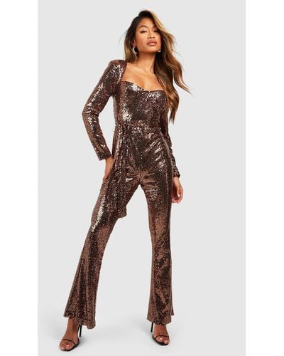 Boohoo Sequin Belted Flare Jumpsuit - Brown