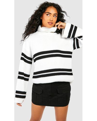 Boohoo Roll Neck Mixed Stripe Sweater - White