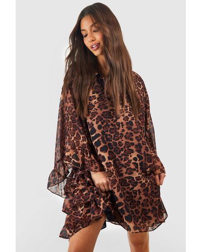 Boohoo Chiffon Leopard Ruffle Smock Dress - Brown