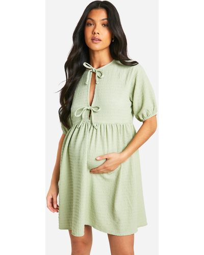 Boohoo Maternity Tie Front Short Sleeve Smock Dress - Green
