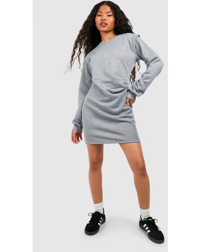 Boohoo Petite Shoulder Detail Ruched Sweater Dress - Gray