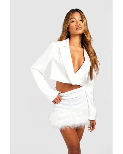 Boohoo Sequin Feather Hem Mini Skirt - White
