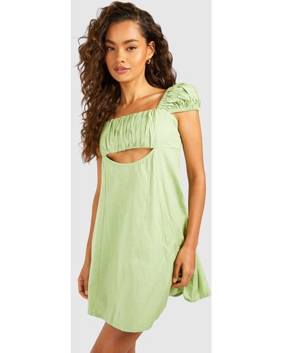 Boohoo Linen Cut Out Puff Sleeve Mini Dress - Green