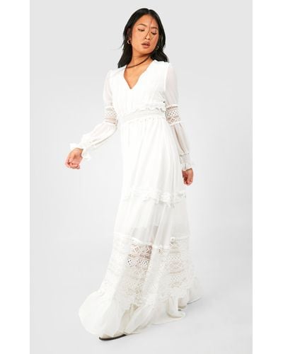 Boohoo Petite Boho Lace Detail Tierred Maxi Dress - White