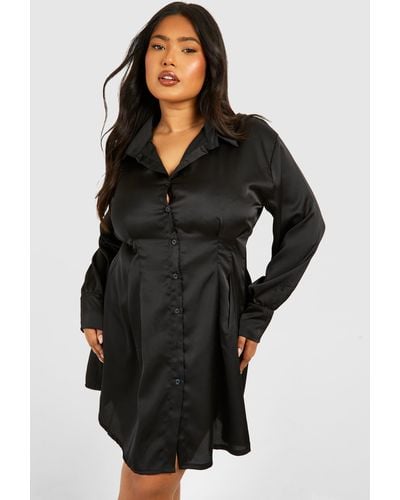 Boohoo Plus Cinched Waist Loose Satin Shirt Dress - Black