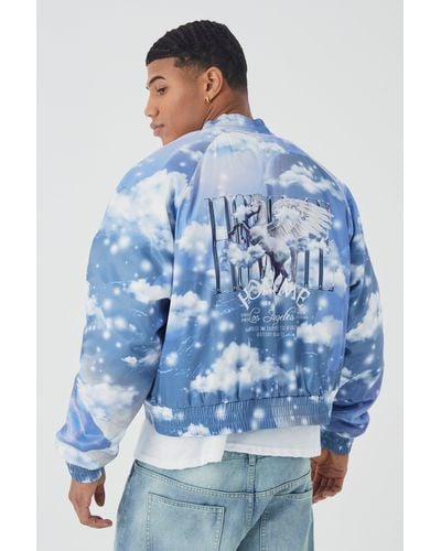 Boohoo Boxy Cloud Print Satin Bomber With Embroidery - Blue