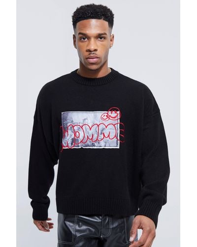 BoohooMAN Homme Embroidered Photo Badge Sweater - Gray