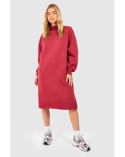 Boohoo Funnel Neck Oversized Sweat Midi Dress - Red