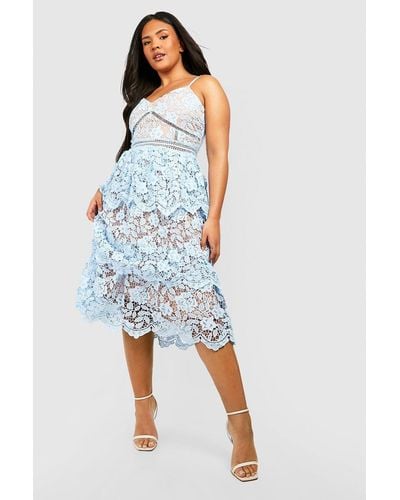 Boohoo Plus Premium Lace Peplum Skater Dress - Blue