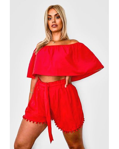 Boohoo Plus Off Shoulder Pom Pom Shorts Two-piece - Red