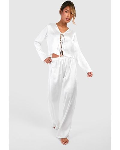 Boohoo Tie Front Satin Trouser Pajama Set - White