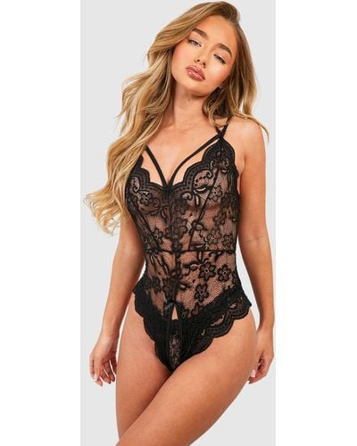 Boohoo Caged Detail Lace Crotchless Bodysuit - Black