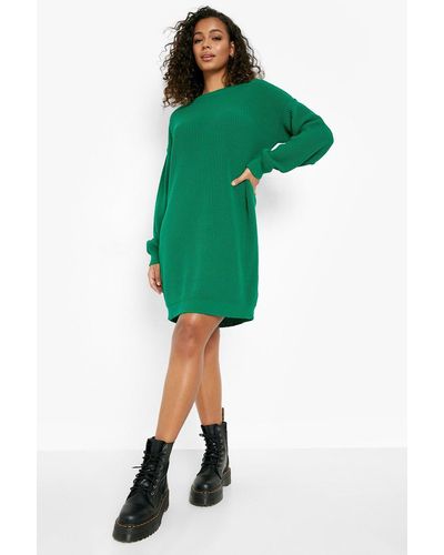 Boohoo Crew Neck Mini Sweater Dress - Green